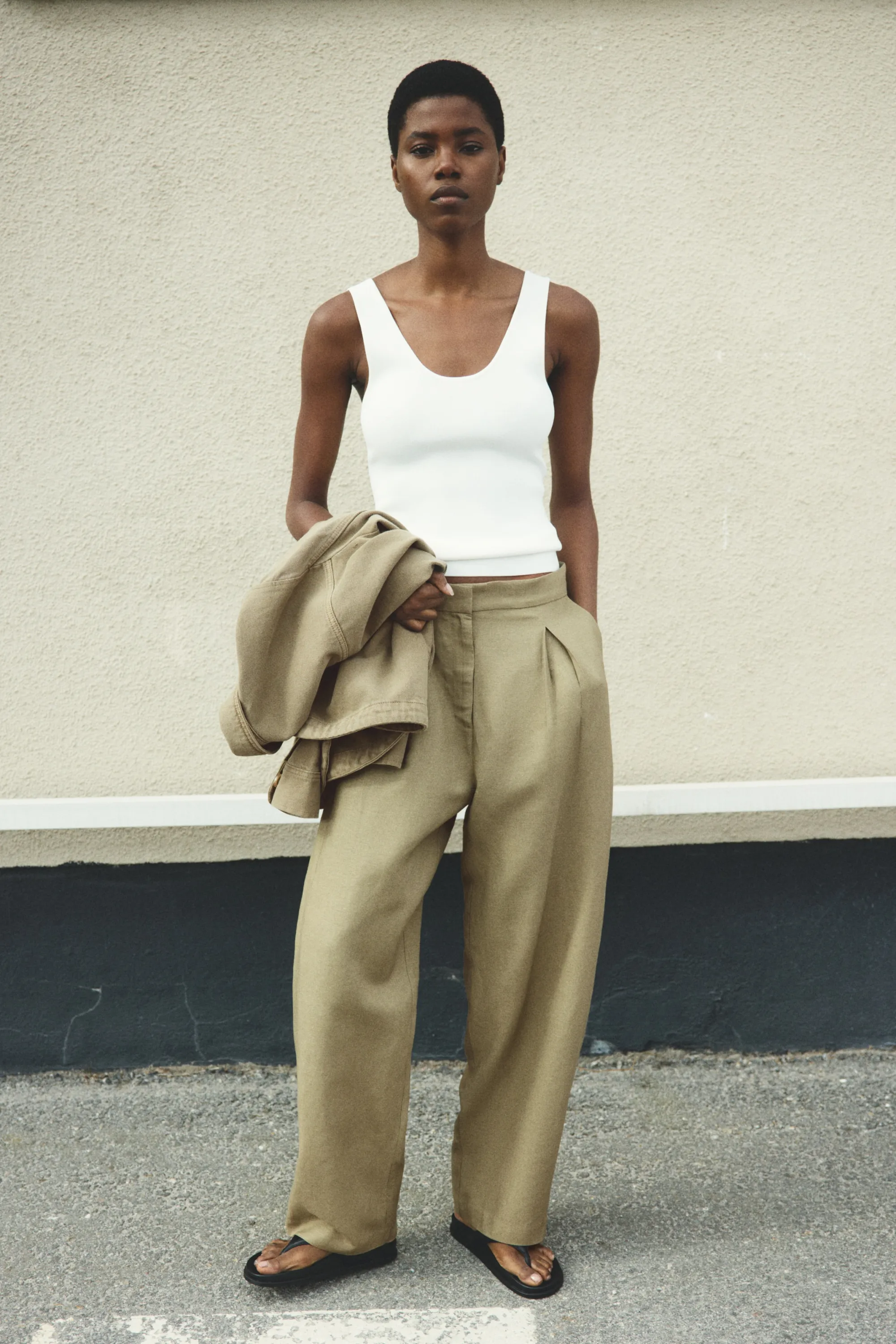 Pantalon barrel en lin mélangé - Vert kaki