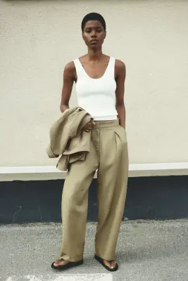 Pantalon barrel en lin mélangé - Vert kaki — photo 1