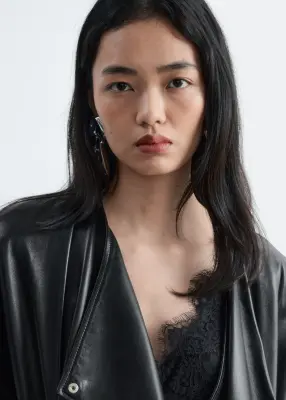 Veste style bomber à manches chauve-souris en cuir - Noir — photo 2