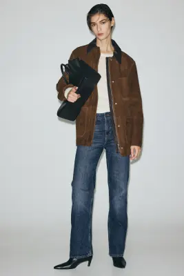 Veste en cuir velours avec col - Marron — photo 1