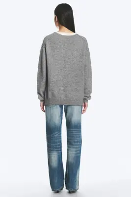 Pull confectionné à col V, coupe ample - Gris poudré chiné — photo 2
