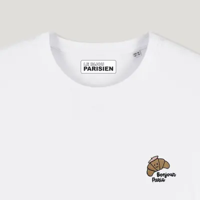 T-SHIRT COTON BIO BRODÉ – CROISSANT KAWAII - BONJOUR PARIS - BLANC — photo 2