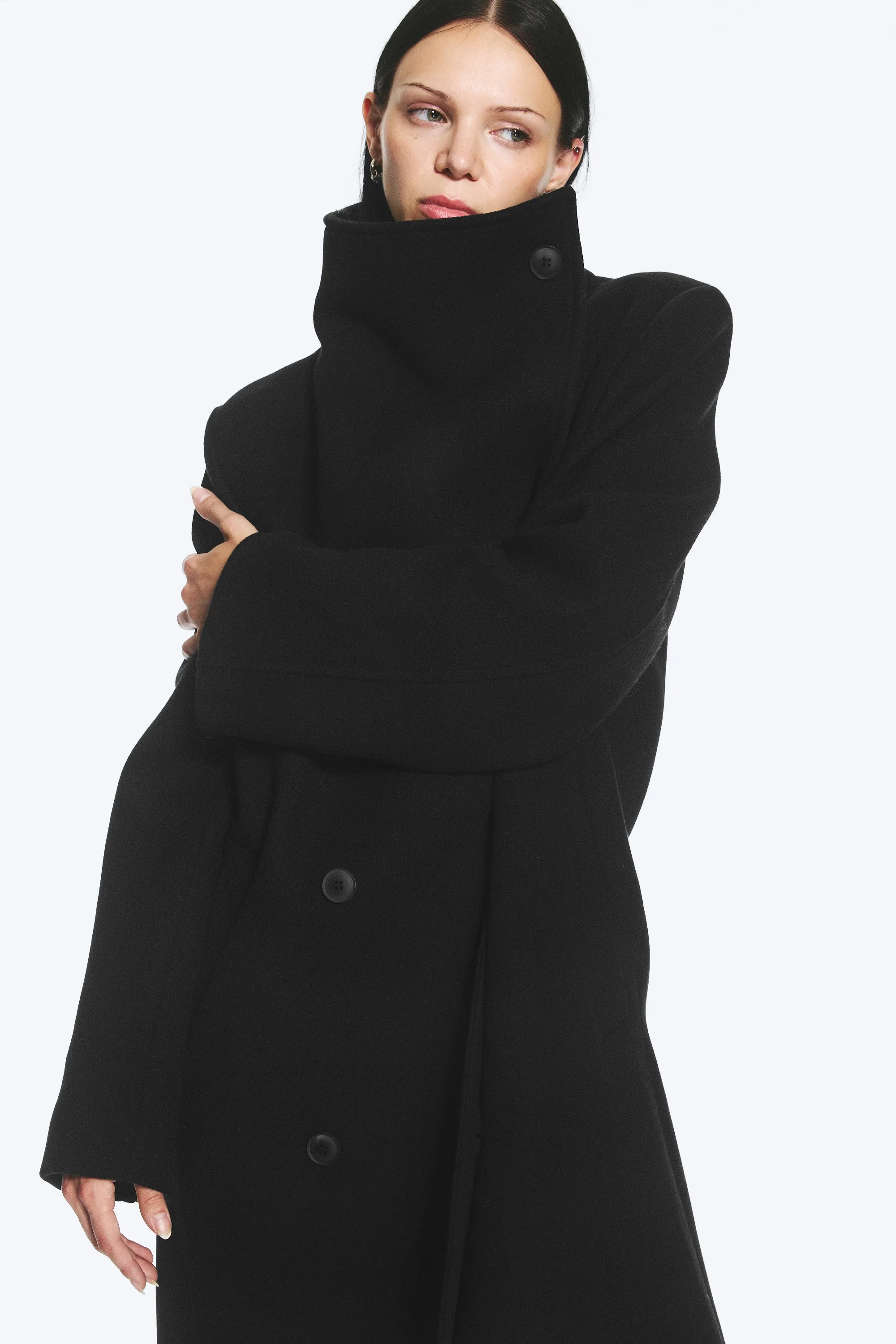 Manteau oversize à col cheminée en mélange de laine - Noir