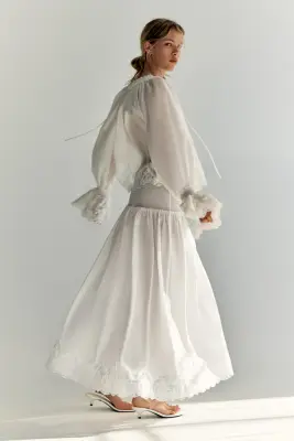 Jupe smockée avec dentelle - Blanc — photo 3