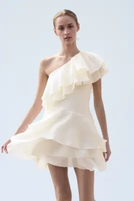 Robe asymétrique volantée - Crème — photo 1