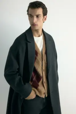 Manteau à fermeture droite en laine mélangée - Gris foncé chiné — photo 3