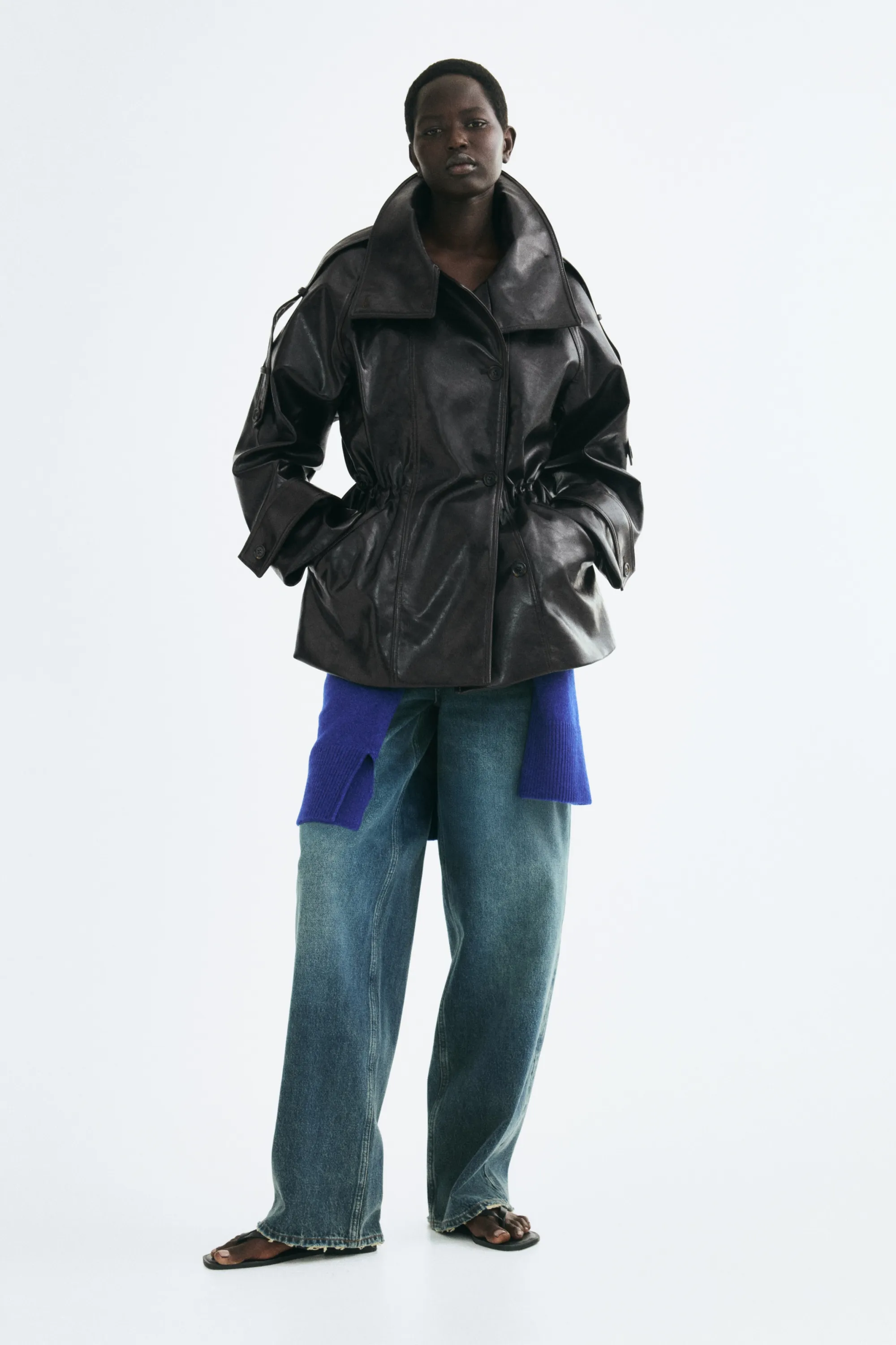 Veste à col entonnoir en tissu enduit - Marron foncé