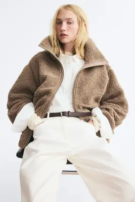 Veste oversize en tissu Teddy bear - Taupe foncé — photo 2