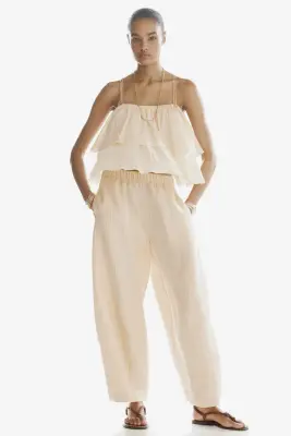 Pantalon barrel en modal mélangé - Beige clair/rayé — photo 2
