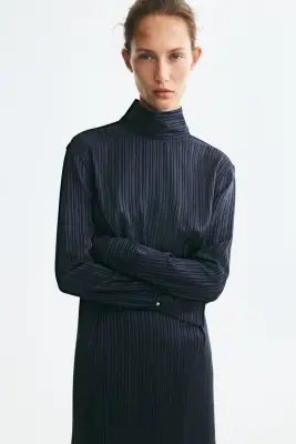 Open-back satin twill dress - Bleu foncé/rayé — photo 1