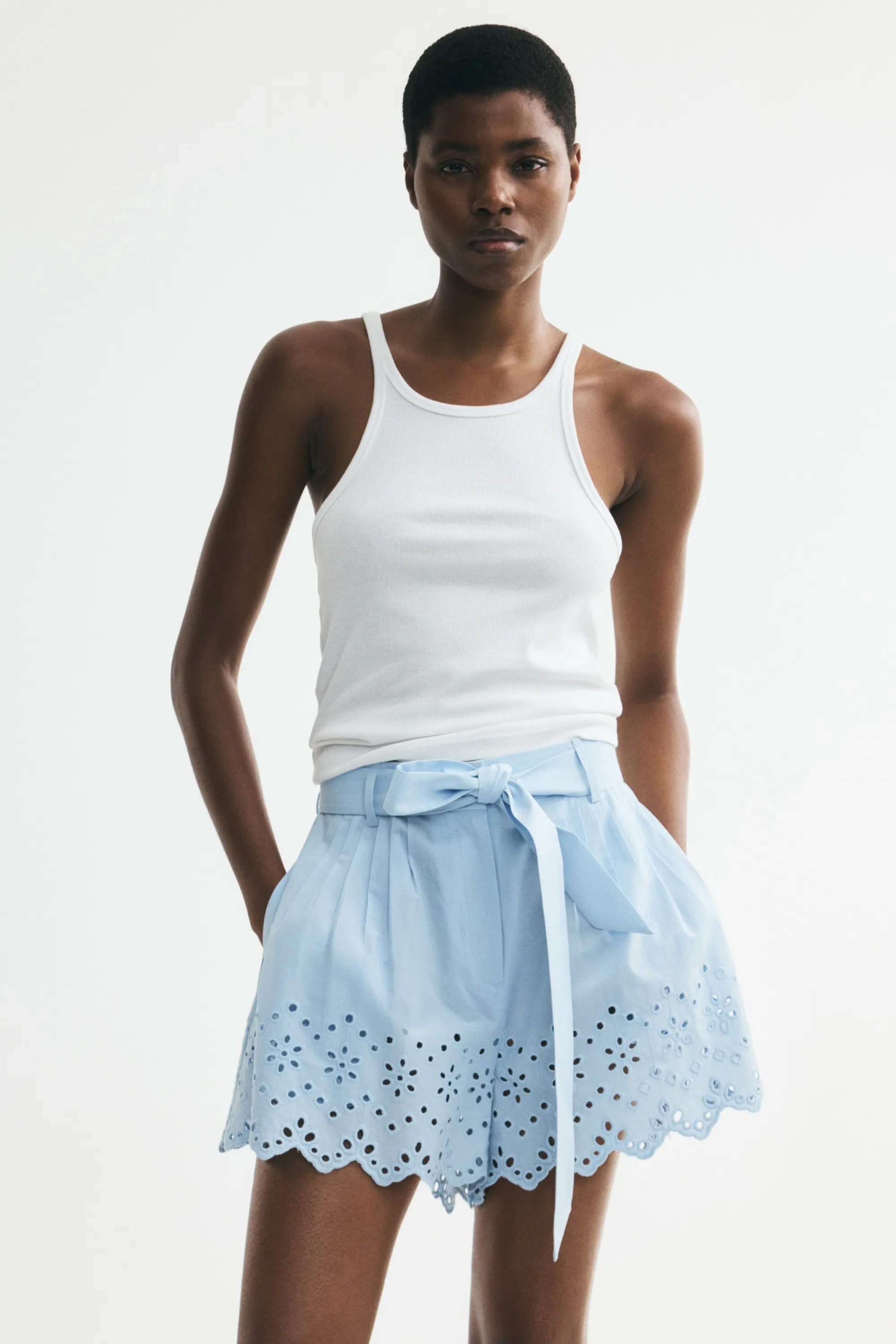 Short en coton avec ceinture - Bleu clair
