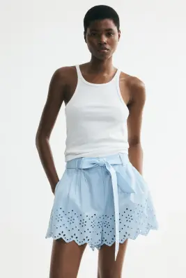 Short en coton avec ceinture - Bleu clair — photo 1