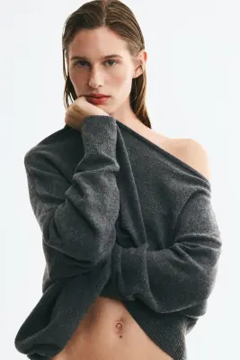 Pull asymétrique en maille fine - Gris foncé chiné — photo 2