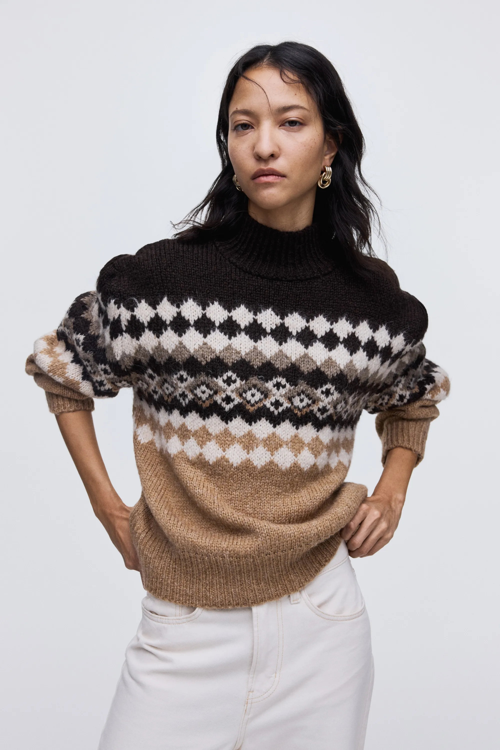Pull en maille jacquard avec col cheminée - Beige/motif