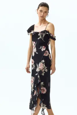 Robe asymétrique avec épaules dénudées - Noir/fleuri — photo 2