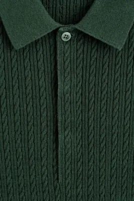 POLO EN MAILLE TORSADÉE DE COTON ET LIN - VERT FONCÉ — photo 3