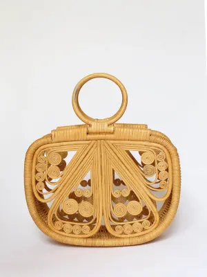 Sac panier en rotin tressé style seventies beige camel et poignées rondes — photo 4