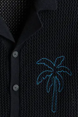 Chemise à col cubain Relaxed Fit en maille ajourée - Bleu marine/palmier — photo 4