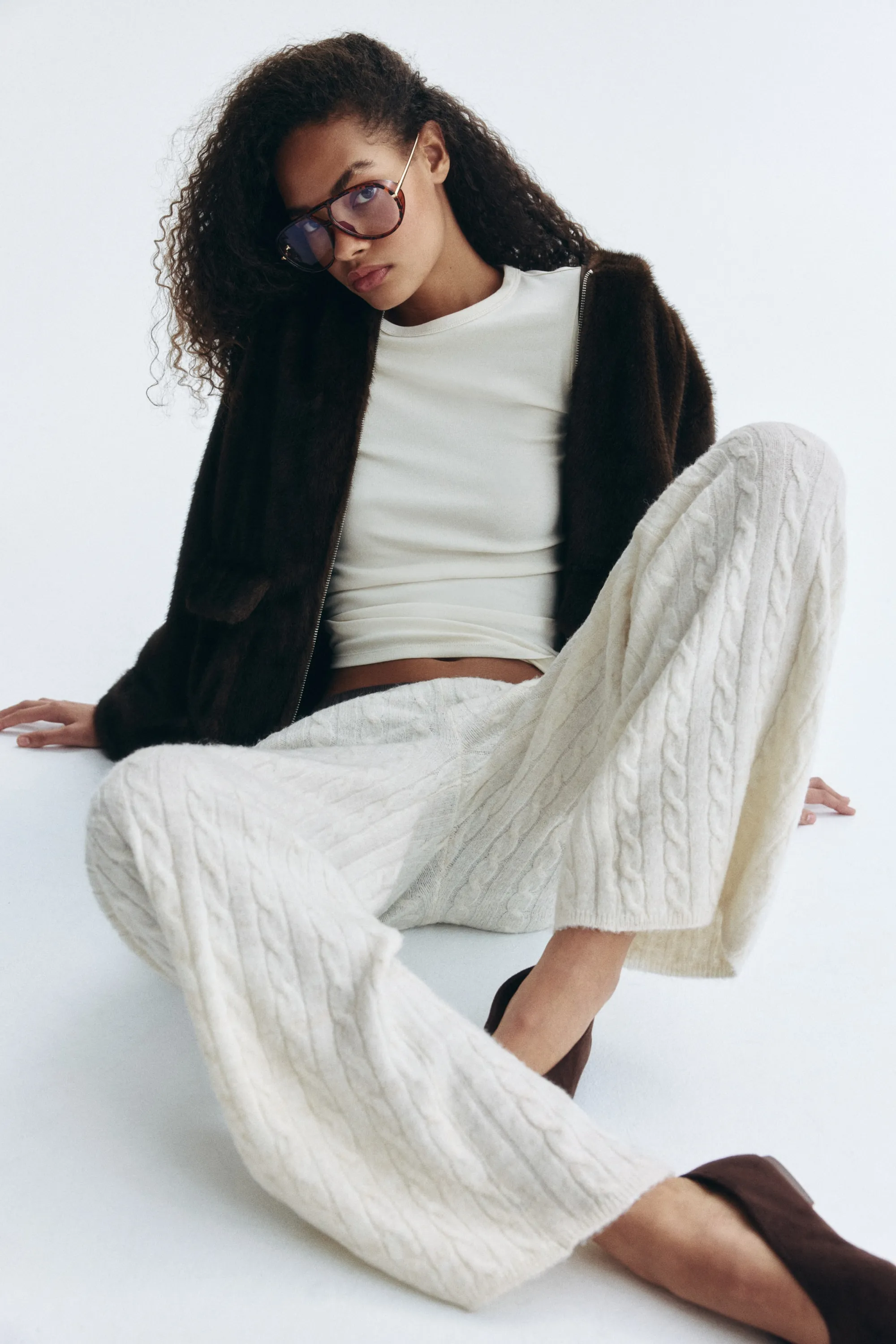 Pantalon en maille torsadée - Crème