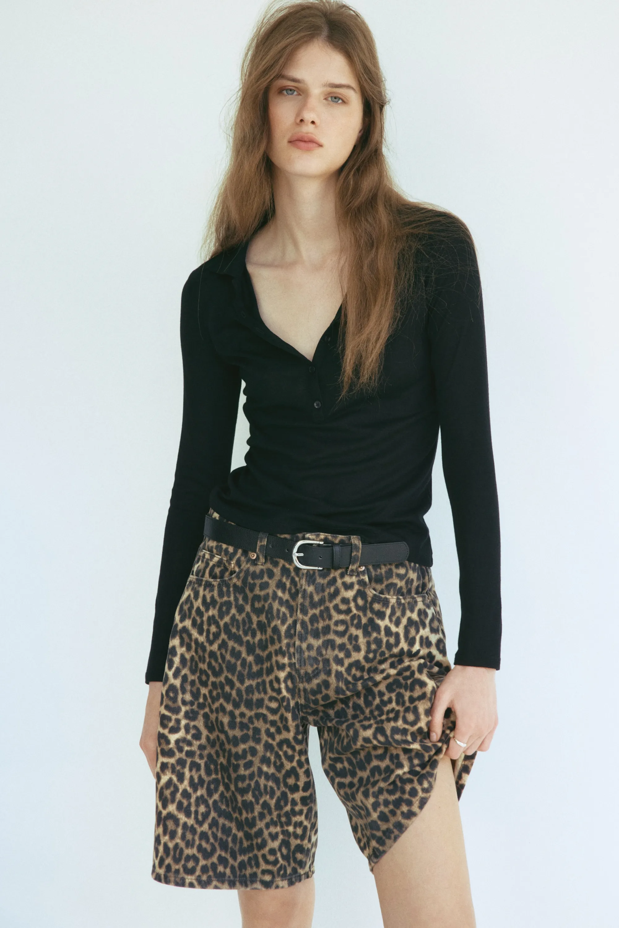 Short Bermuda en denim - Beige/imprimé léopard