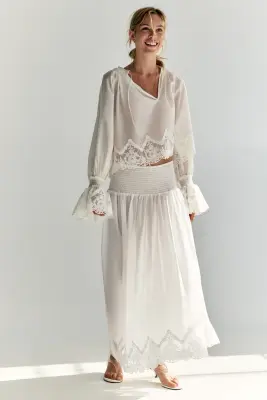 Jupe smockée avec dentelle - Blanc — photo 1