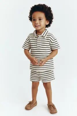 Ensemble 2 pièces en maille de coton ajourée - Crème/rayures noires — photo 2