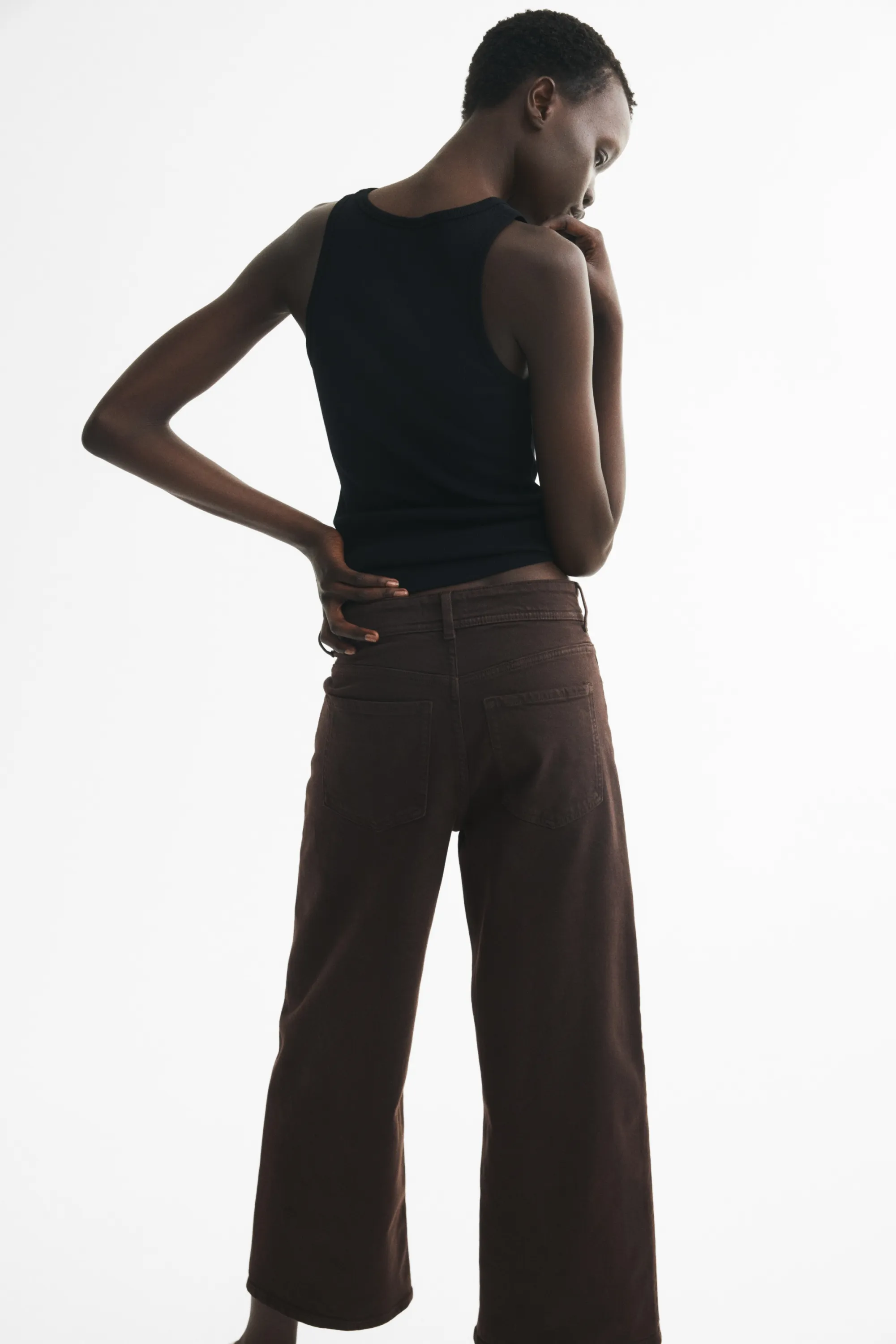 Wide High Waist Ankle Jeans - Marron foncé