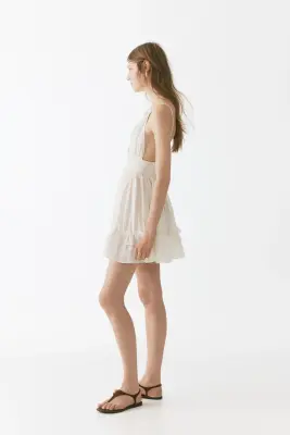 Robe en lin mélangé avec jupe évasée - Beige clair — photo 3