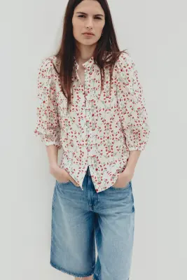 Blouse à manches ballon - Crème/fleuri — photo 1
