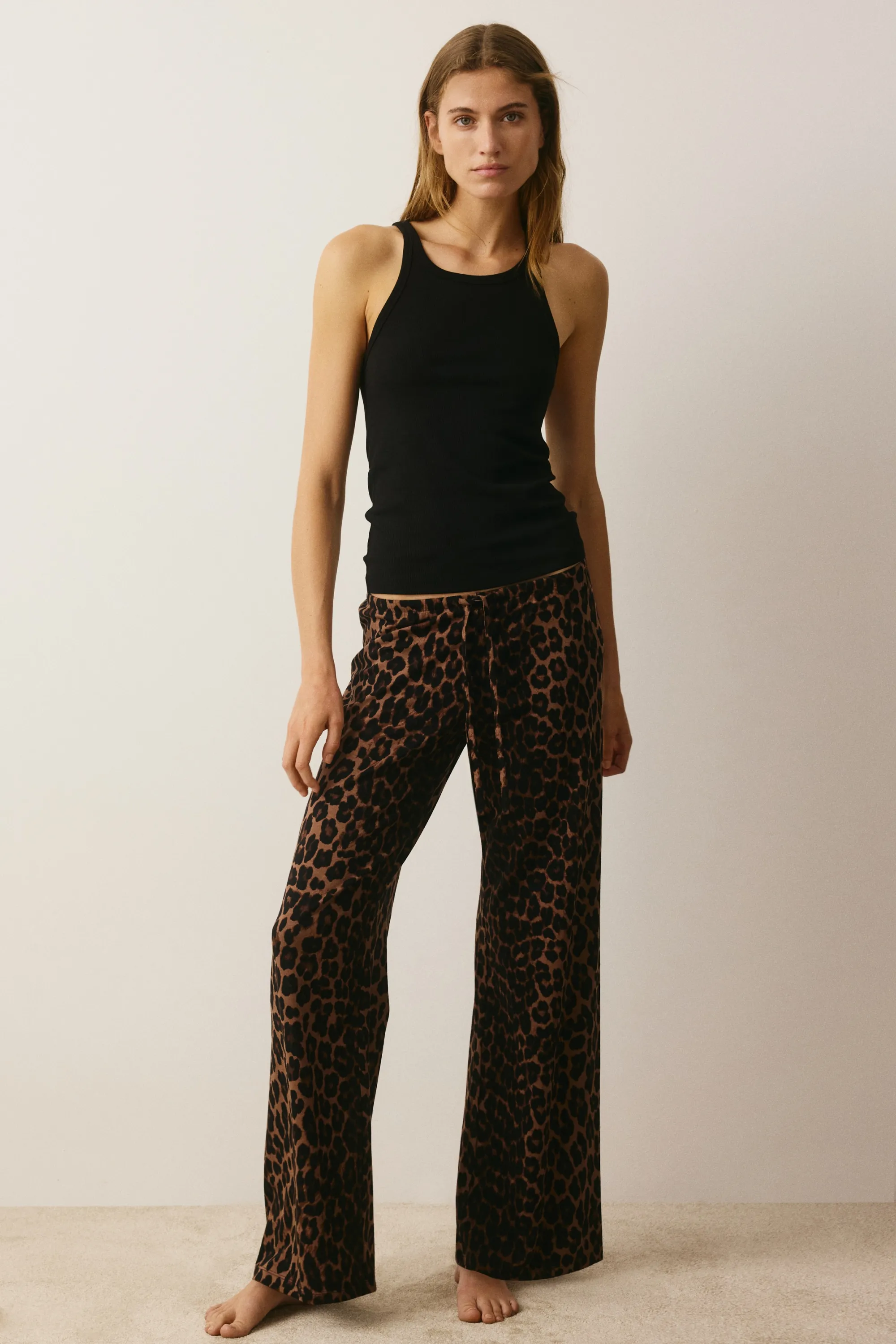 Pantalon de pyjama en coton mélangé - Marron foncé/imprimé léopard