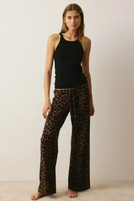 Pantalon de pyjama en coton mélangé - Marron foncé/imprimé léopard — photo 1