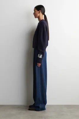 PANTALON LARGE À PLIS EN DENIM - BLEU FONCÉ — photo 1