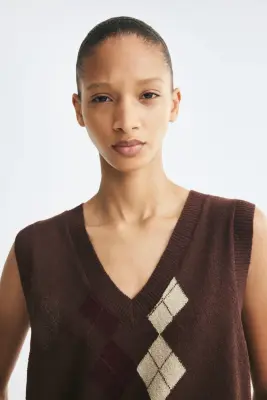 Pull sans manches en maille jacquard - Marron foncé/motif argyle — photo 1