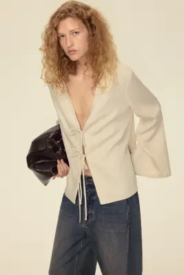 Veste à nouer en lin mélangé - Beige clair — photo 3