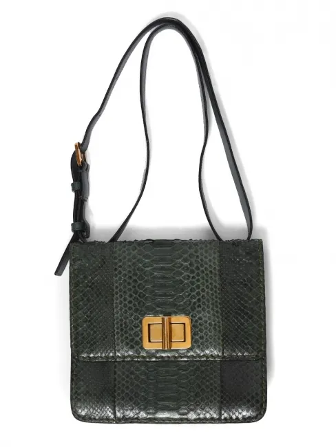 Sac LOUISE large à bandoulière en cuir de python vert anglais Px boutique 2200€