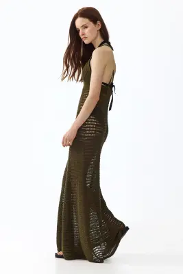Robe maxi façon crochet - Vert kaki foncé — photo 4