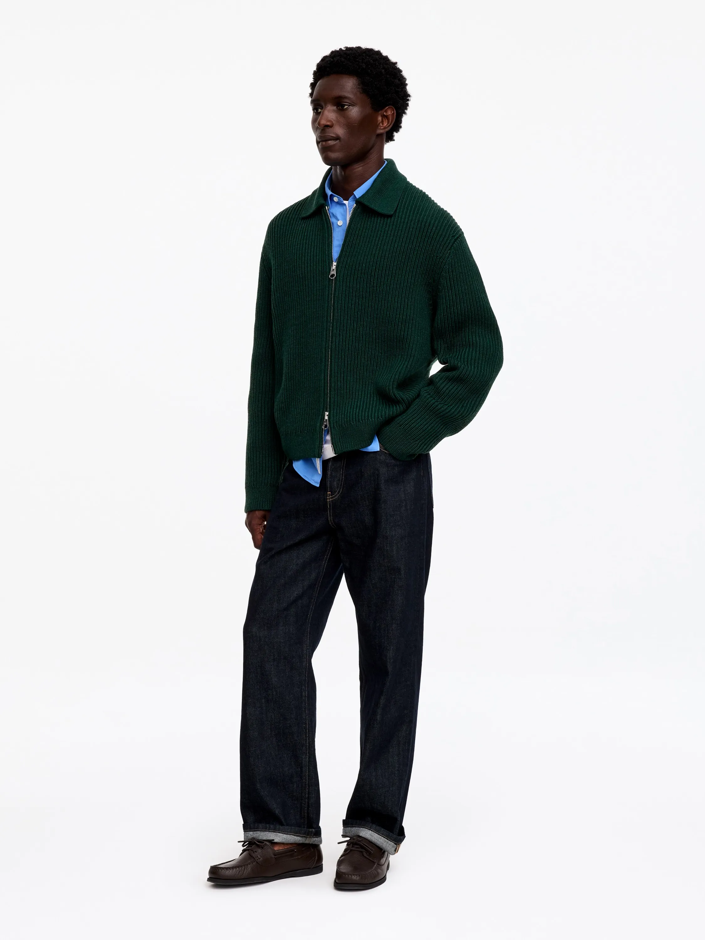 Cardigan zippé en laine et coton - Vert foncé