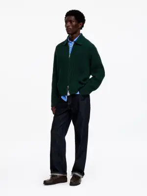 Cardigan zippé en laine et coton - Vert foncé — photo 1