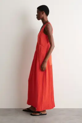 ROBE LONGUE PLISSÉE ET FRONCÉE À COL EN V - MANDARINE — photo 1