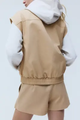 Veste sans manches en coton avec col - Beige — photo 3