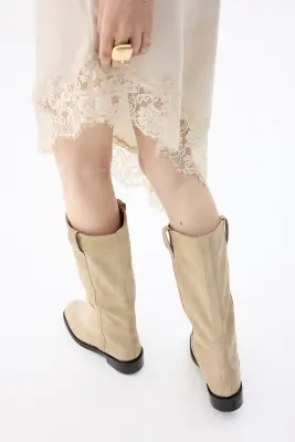 Bottes de hauteur genou en cuir velours fendu - Beige — photo 5