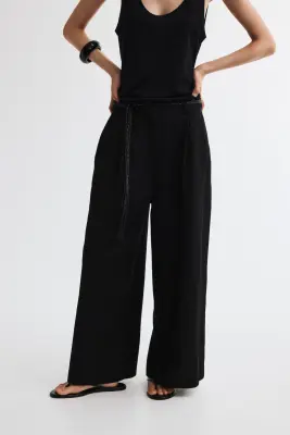 Pantalon en lin mélangé avec ceinture à nouer - Noir — photo 3