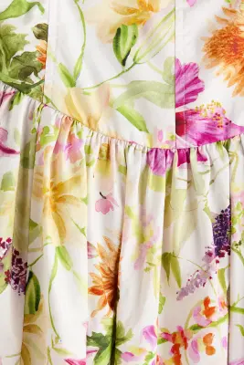 Robe à bretelles fines en coton avec jupe évasée - Blanc/fleuri — photo 4
