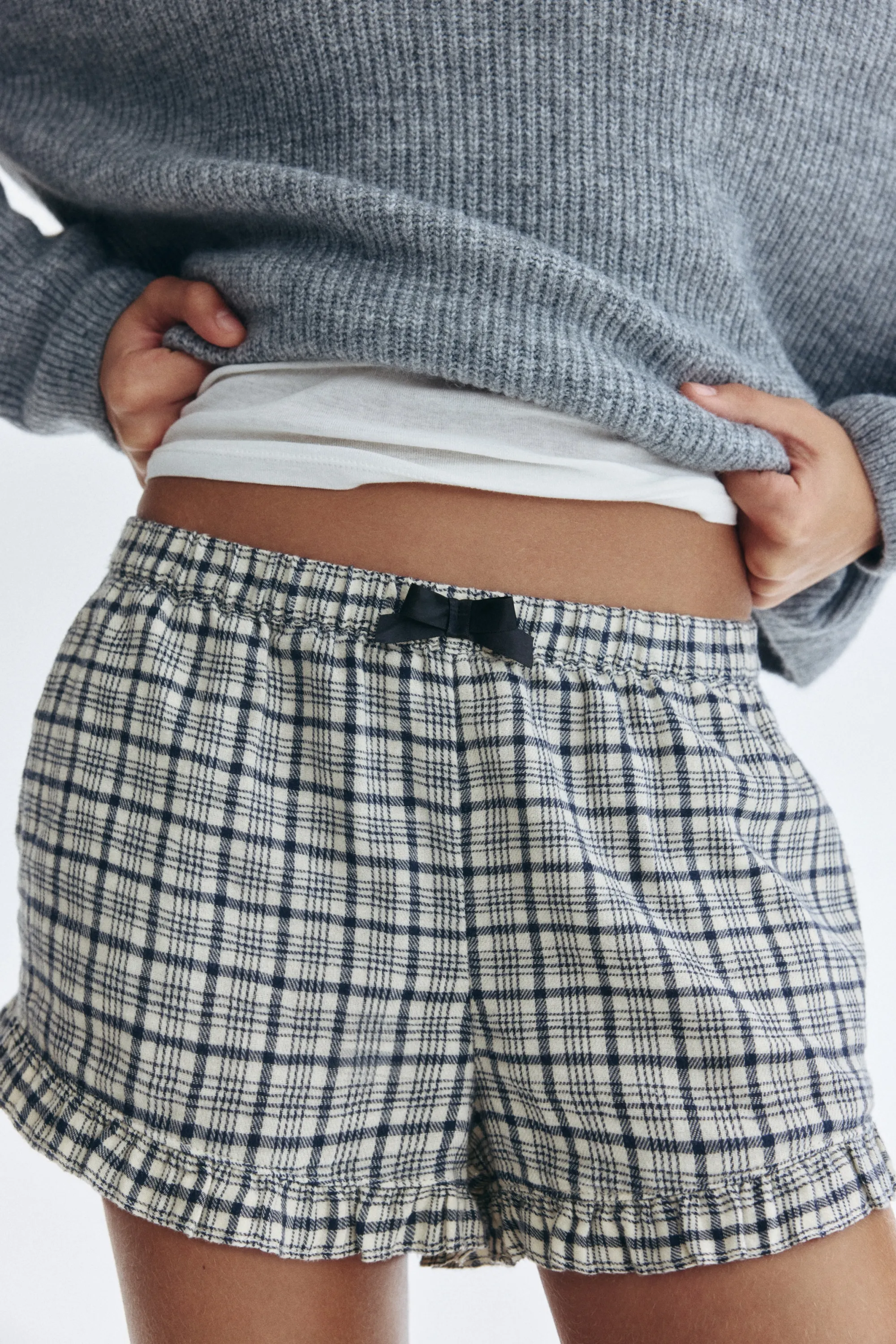 Short en twill de coton - Beige clair/carreaux