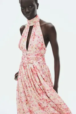 Robe dos nu avec liens à nouer - Rose pêche/fleuri — photo 2