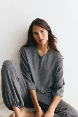 Pull à encolure en V en laine mélangée - Gris foncé chiné — photo 2