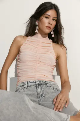 Top en mesh à effet ruché - Abricot — photo 1