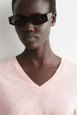 T-SHIRT LIN COL V - ROSE CHINÉ — photo 2