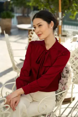 Lena Silk Bow Blouse - Bordeaux — photo 3