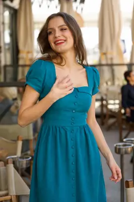 Estelle Button Down Dress - Bright turquoise — photo 4